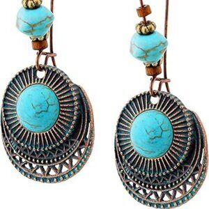Ethnic Bohemian Boho Retro Antique Turquoise Color Theme Dangle Drop Earrings